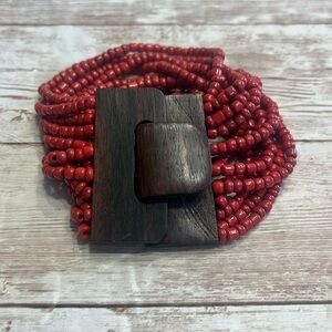 African Handmade Wooden Beaded Bracelet with Red Beads